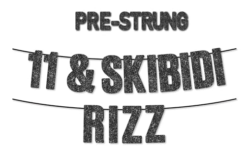 Skibidi Rizz 11th Birthday Black Glitter Banner Gen Z Party Supplies