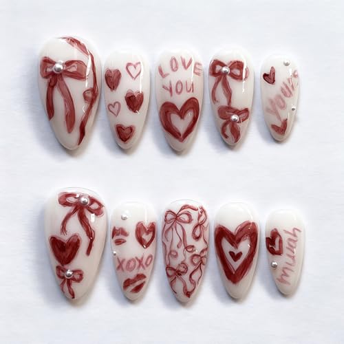 Valentines Press on Nails Medium Almond Fake Nails with Pearls and Bows