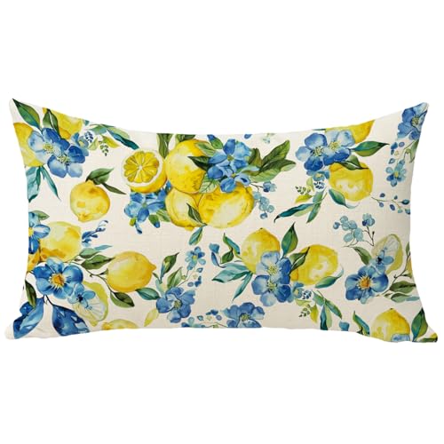 Lemon Floral Throw Pillow Cover 12 x 20 - Cotton Linen