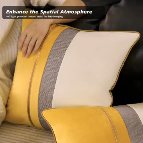 Avigers 22x22 Inch Rayon Blend Velvet Decorative Pillow Cover - Yellow & White Patchwork