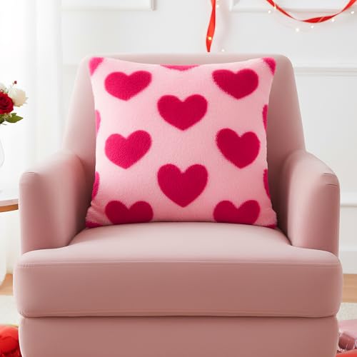 Tiggell Valentine Heart Throw Pillow Covers 18x18 Inch - Pink & Rose Red (2 Pack)