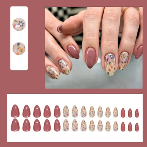 Press on Nails Almond Medium Floral Fake Nails Reusable 30Pcs