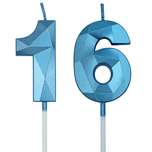 Blue 3D Number Birthday Candles - 16 & 61 Shaped Decoration