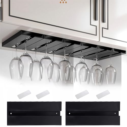 10-Inch Black Wine Glass Holder Rack - 2 Pack, Punch-Free Under Cabinet Storage