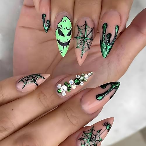 Posyofet Halloween Medium Almond False Nails Green Spider Web Press Ons