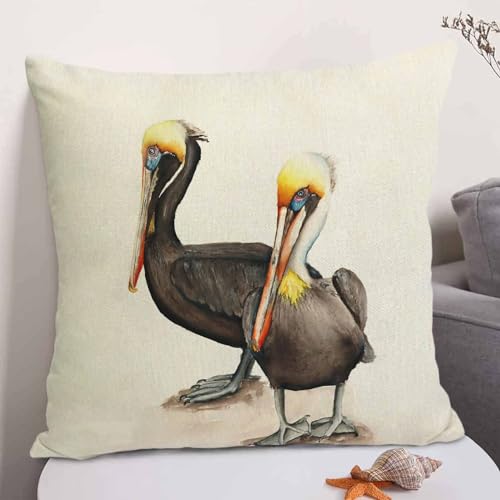 Pelican Decorative Linen Pillow Cover 18x18 Farmhouse Square Cushion Case