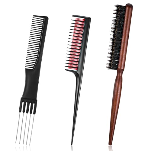 Macuezu 3-Piece Hair Teasing Comb Set with Rat Tail and Wooden Handles