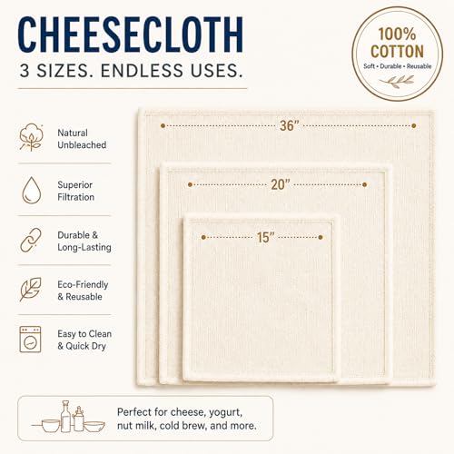 Organic Cheesecloth Set - 5 Reusable Muslin Cloths, 3 Sizes