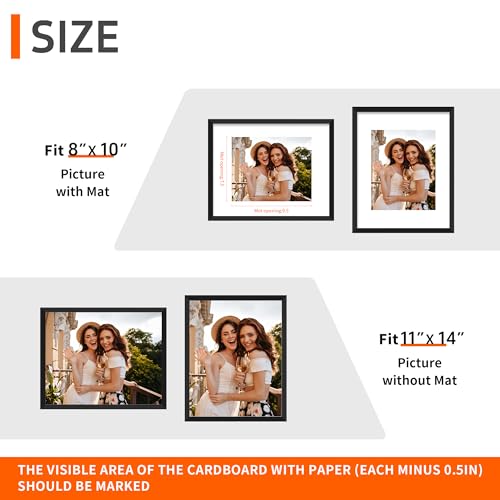 11x14 Black Picture Frame for Wall Display | Fits 8x10 with Mat