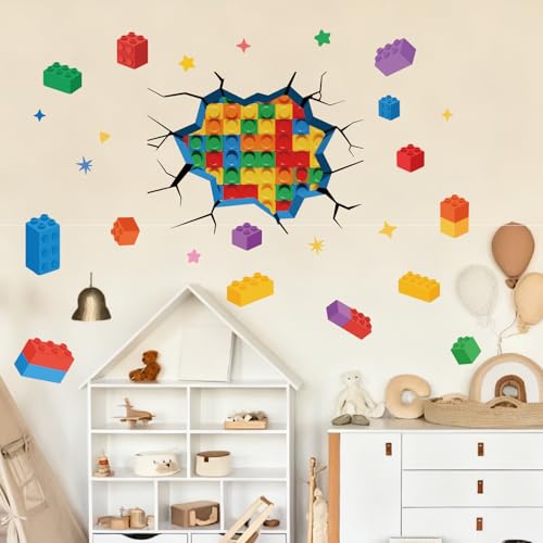 Building Block Wall Decals - 3D Colorful Bricks Peel & Stick Art