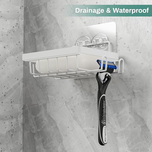 Oasiteege Adhesive Shower Soap Dish with Hooks - Self-Draining Wall Mount
