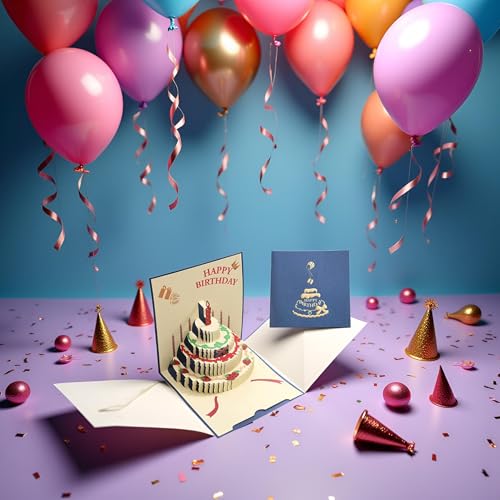 3D Pop-Up Birthday Cake Greeting Card with Envelope for Friends and Family