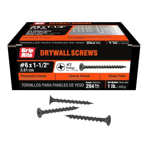 Grip-Rite #6 x 1-1/2 Inch Coarse Thread Drywall Screws - Pack of 204, Phosphate Coated