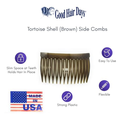 Good Hair Days Anti-Slip Side Combs 2-Pack, 2.87 Inch Curved Tortoise Hair Combs for Secure Everyday Hold