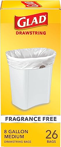 Glad Medium Trash Bags, 8 Gallon Drawstring Garbage Bags, Fragrance Free, 26 Ct