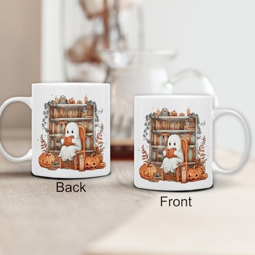 Halloween Reading Ghost Mug - White 11oz Ceramic Coffee Cup for Book Lovers
