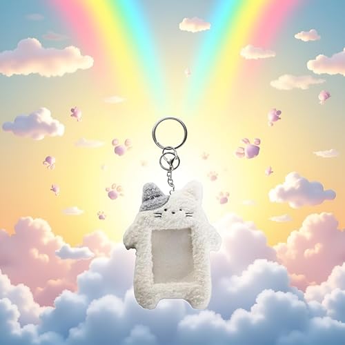 Zhuluck White Cute Plush Photocard Holder Keychain Cartoon Animal Photo Sleeve