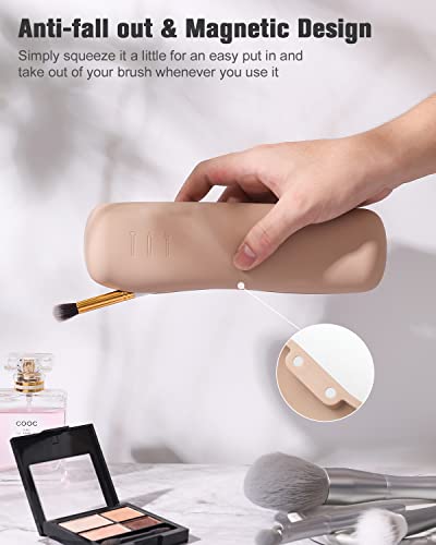 FERYES Small Khaki Travel Makeup Brush Holder with Magnetic Closure