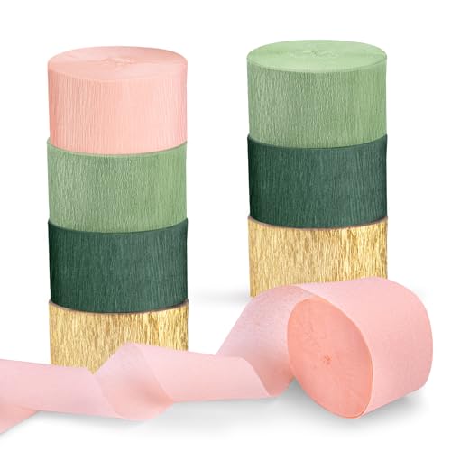 8 Rolls Sage Green Crepe Paper Streamers for Party Decorations, Boho Wedding & Baby Shower, Gold & Pink Variants
