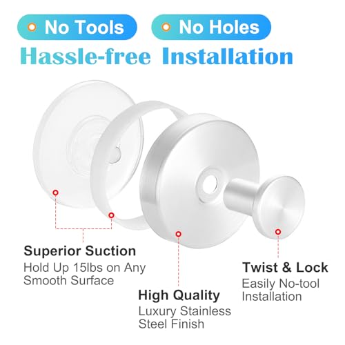 Gestarich 2 Pack White Suction Cup Hooks - No Drill Stainless Steel Towel Hooks