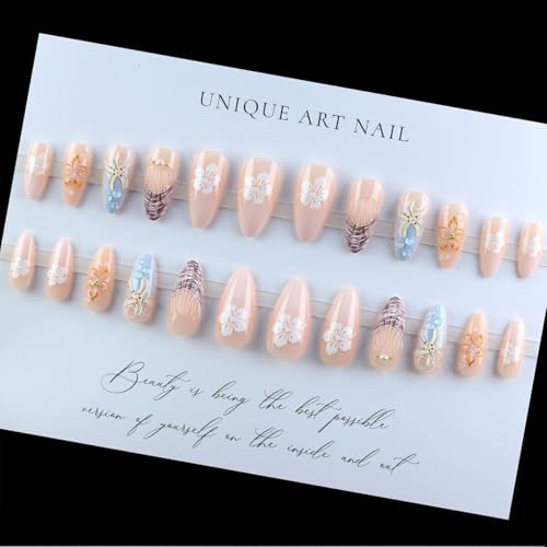 Short Almond Press On Nails Fall Flower French Tip Fake Nails 24Pcs