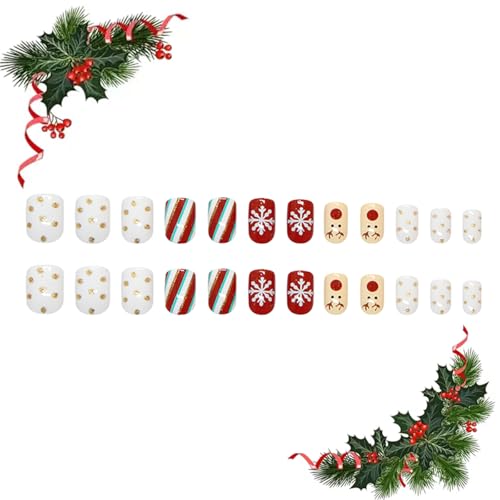 Christmas Press on Nails Short Square Snowflake Reindeer False Nails