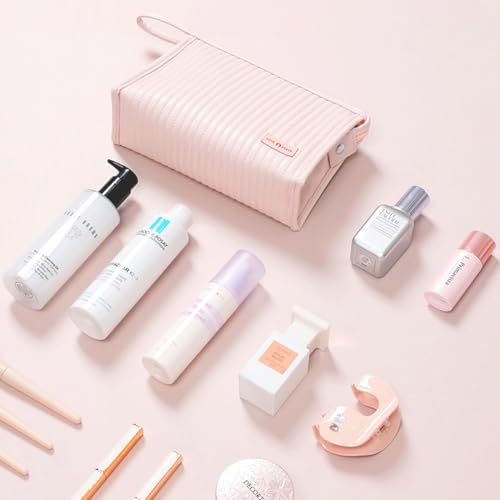 YASYU Travel Makeup Bag Waterproof PU Leather Cosmetic Pouch Light Pink