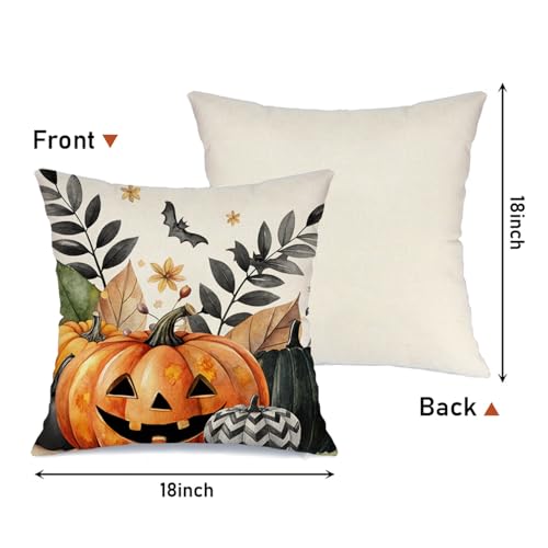 Halloween Pumpkin & Spooky Fall Leaves Throw Pillow Covers Set of 4 18x18