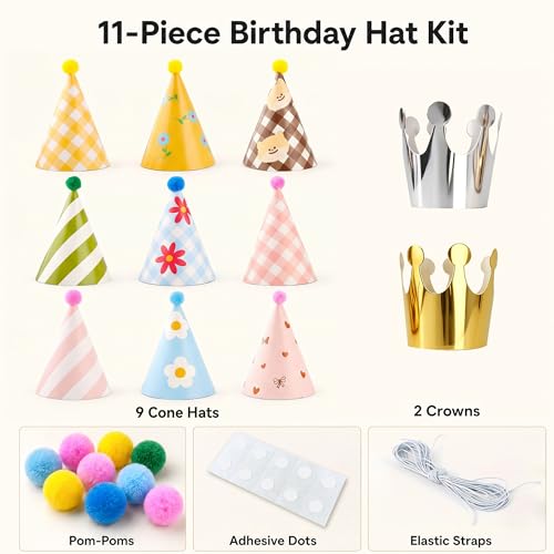 Olen Kids Party Hats 11-Pack with Pom Poms - Birthday Party Supplies