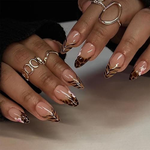 Floral Press on Almond Nails Glossy Medium False Nails with Charms