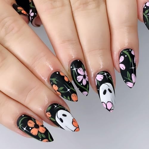 Halloween Press on Nails Short Almond Ghost Fake Acrylic Nails