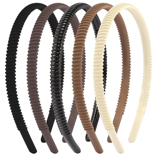 TODDER 5-Pack Thin Plastic Headbands with Teeth, Non-Slip Neutral Hairbands
