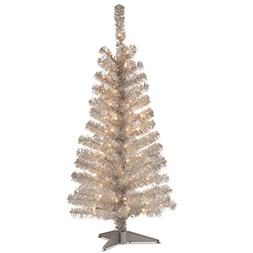 4ft Silver Tinsel Pre-Lit Christmas Tree - Artificial Holiday Tree with Lights