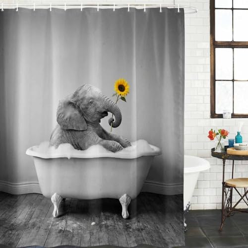 Funny Grey Elephants Shower Curtain - 72x72 Inch Waterproof Fabric Bath Set