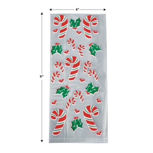 Beistle Candy Cane and Holly Cello Bags for Christmas Treats 25-Pack