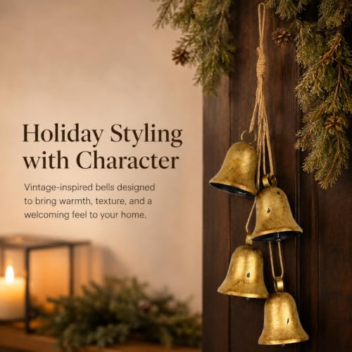 Vintage Gold Christmas Bell Cascade with Rustic Rope - Brass Variation