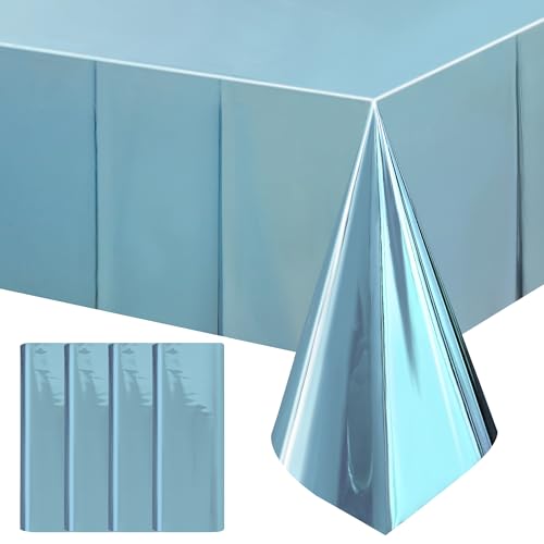 Light Blue Foil Tablecloth 54x72 Inches - Disposable Waterproof Party Cover - Set of 4