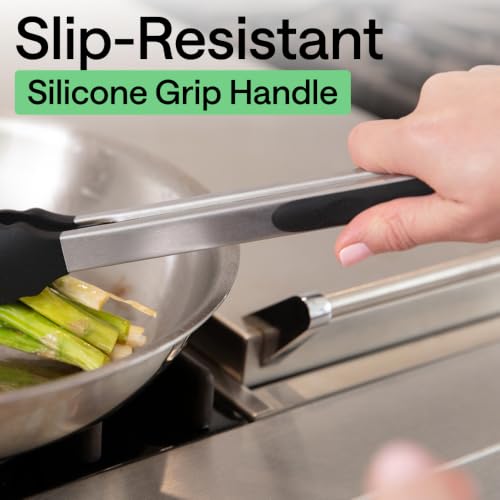 Gorilla Grip Stainless Steel Kitchen Tongs 2 Pack, Black, 9" & 12" - Heat Resistant & Non-Slip Grip
