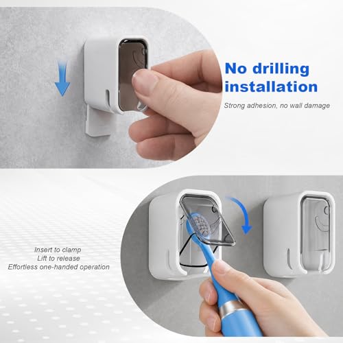 Grey and White Wall-Mounted Toothbrush Holder with Toothpaste Squeezer & Cover - Self-Adhesive Bathroom Organizer, 2 Slots, Family Use