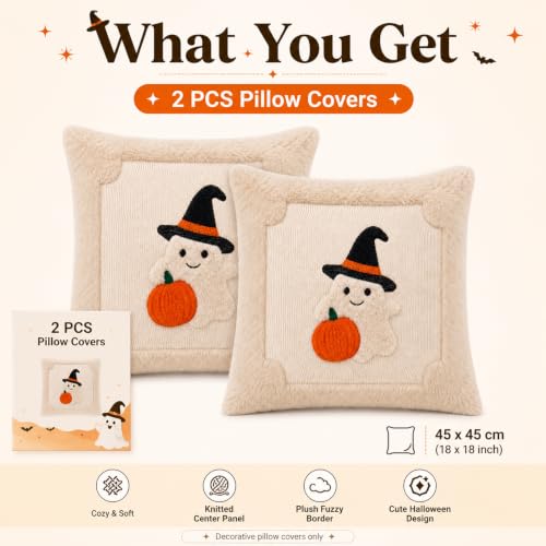 Halloween Ghost Throw Pillow Covers 18x18, Soft Plush Set of 2