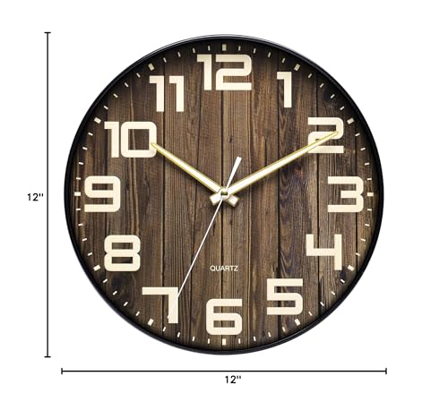 NUOVO 12-Inch Silent Wall Clock - Dark Brown Wooden Grain Decorative Clock