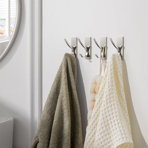 Self-Adhesive Towel Hooks - Extra Strong 10LB, Brushed Nickel, 4 Pack