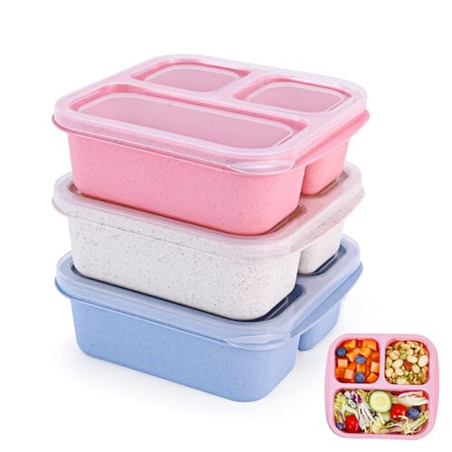 Rinwoc Bento Box 3-Pack - Reusable Snack Containers with 3 Compartments for Meal Prep & Travel