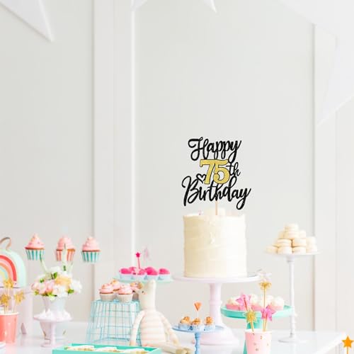 Happy 75th Birthday Cake Topper - Black Gold Glitter Decoration