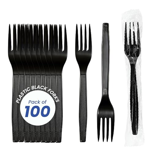 Concession Essentials 7.25" Heavy Weight Plastic Forks, Black, 100ct Wrapped