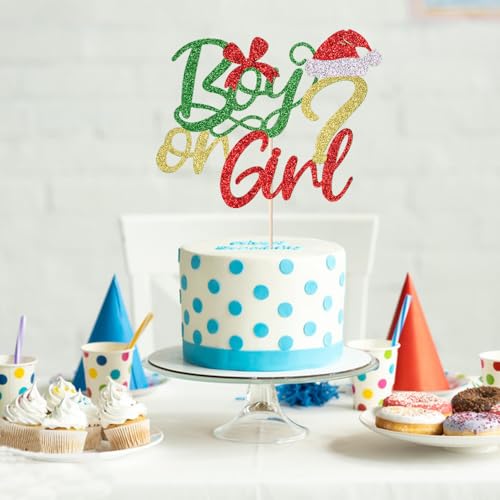 Christmas Boy or Girl Gender Reveal Cake Toppers with Glitter Santa Hat