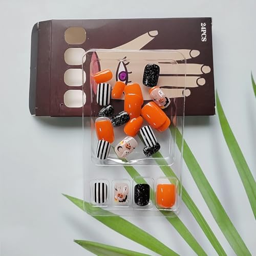 Halloween Press on Nails Short Square Cute Ghost Bat Pumpkin Acrylic Fake Nails 24Pcs