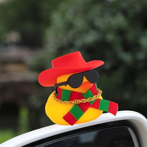 Wonuu Christmas Rubber Duck - Squeaking Mini Ducky Car Dashboard Ornament with Cowboy Hat and Holiday Accessories