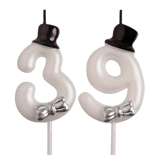 39th & 93rd Birthday Candles with Bowtie and Top Hat Design