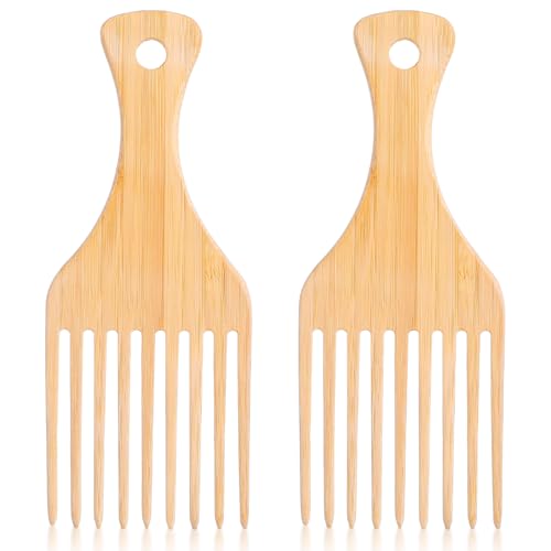Wanmu 2-Pack Wooden Afro Hair Pick Combs - Anti-Static Bamboo Wide Tooth Styling Tool for Curly Hair & Beards